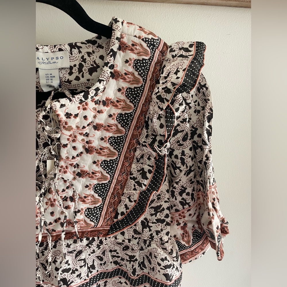 Calypso St. Barth Cream Blouse with Rust and Black Paisley Print - Picture 2 of 8